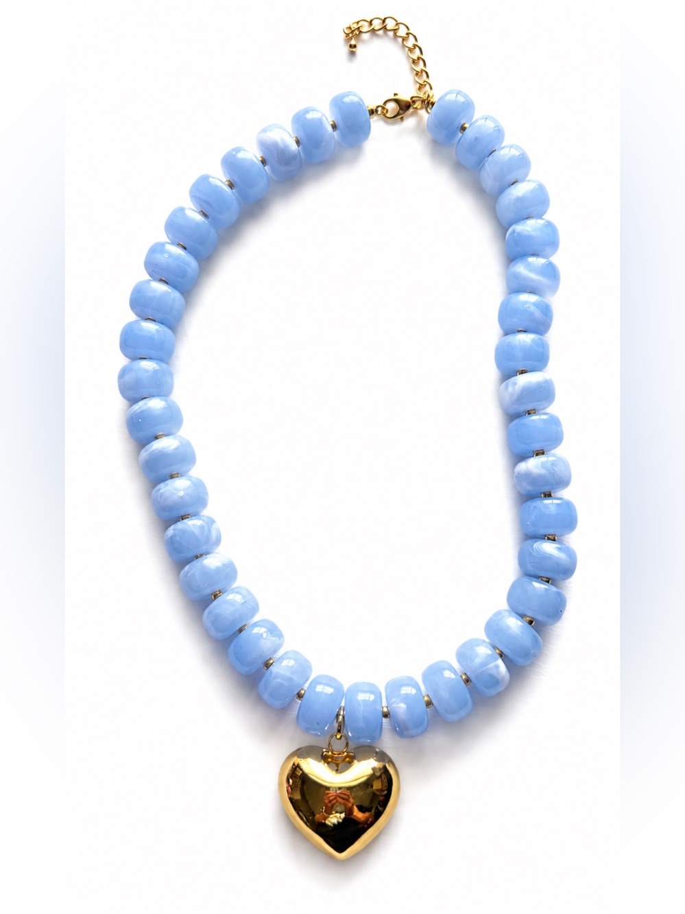 Chunky Beaded Necklace with Gold Heart Pendant- Blue